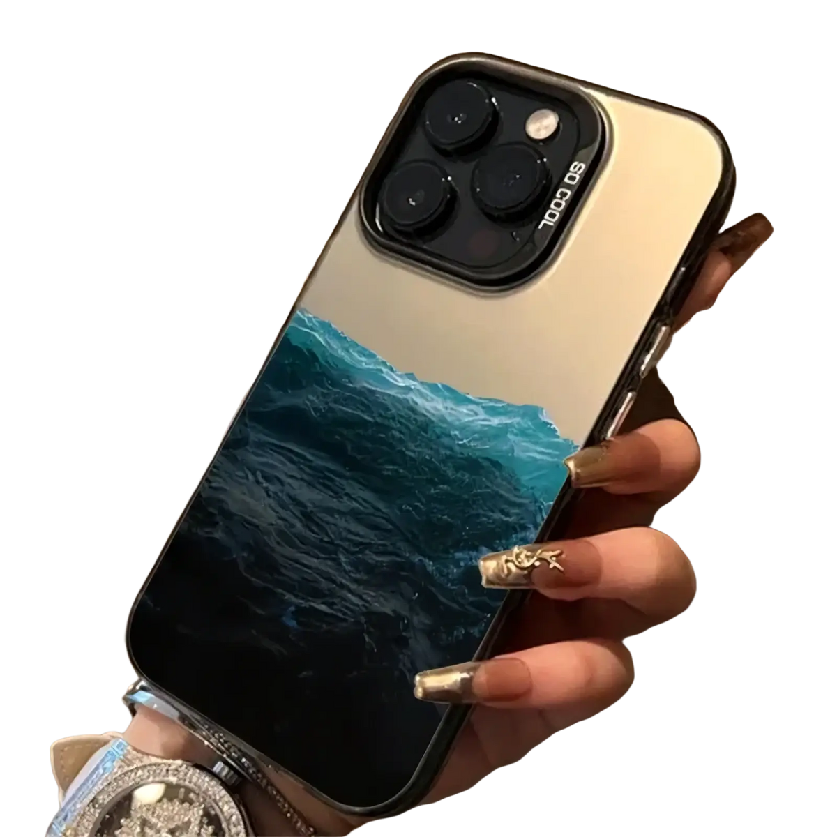 Back side of a mountain view iPhone case with a sleek mirrored finish and vibrant ocean wave design in deep blues and teals