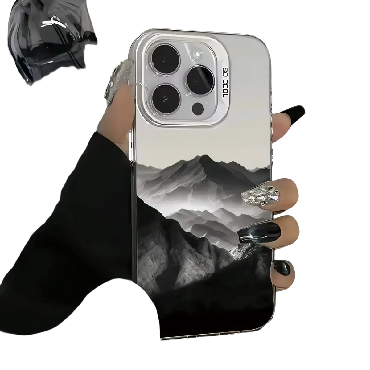 Back side of a sleek transparent glossy mountain view iphone case with black and white landscape and so cool text on camera cutout