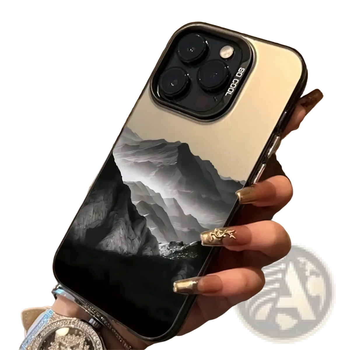 Black and white mountain landscape glossy protective iphone 13 pro case back with sleek design and camera module cutout