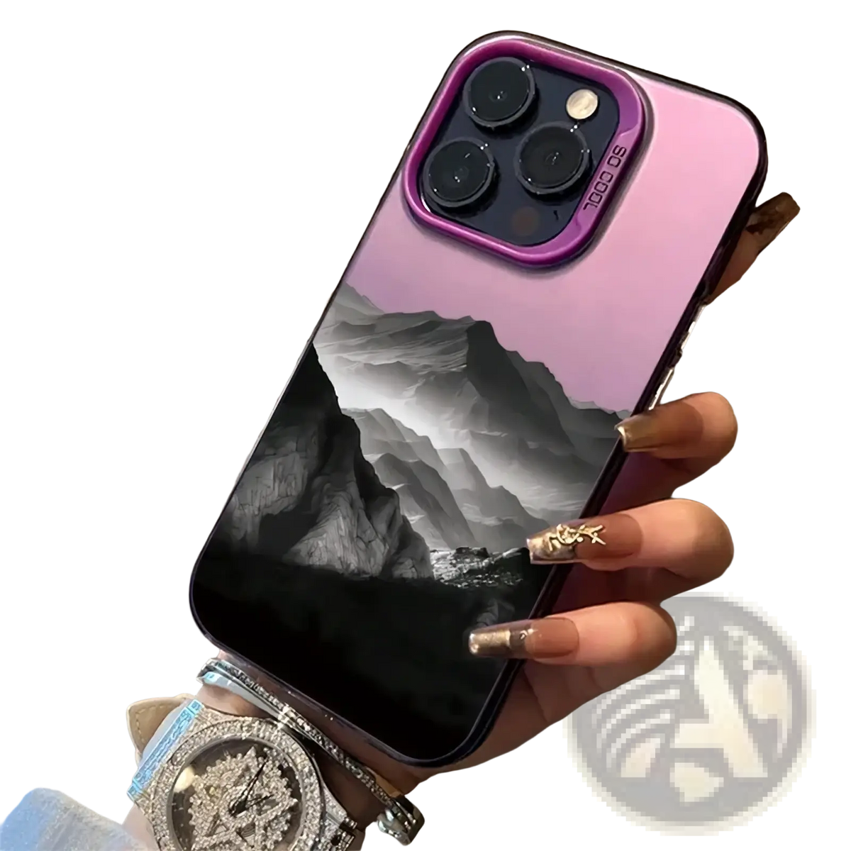 Back of a sleek mountain view iPhone case with black and white landscape design, purple camera ring, and glossy finish