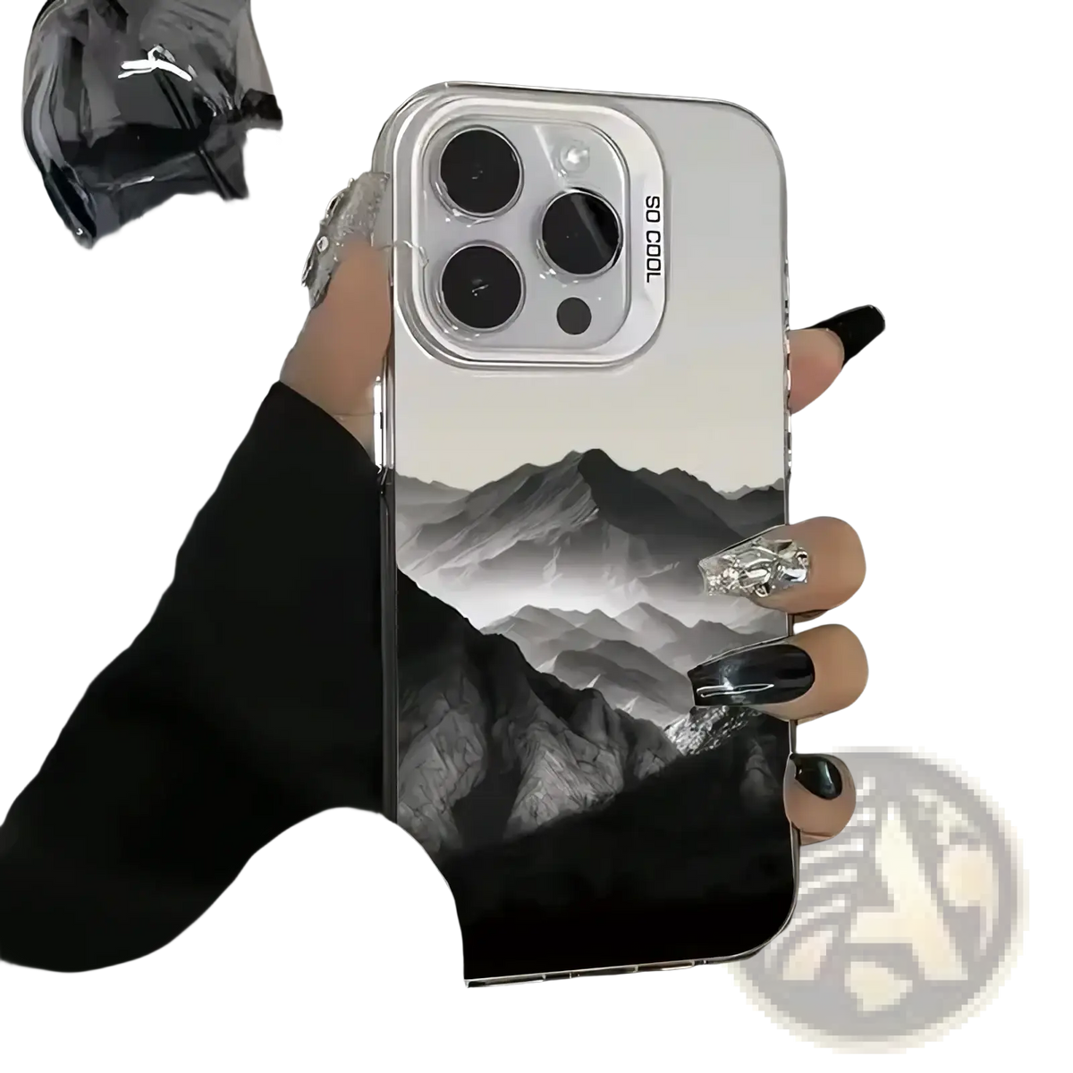Back side of a sleek transparent glossy mountain view iphone case with black and white landscape and so cool text on camera cutout