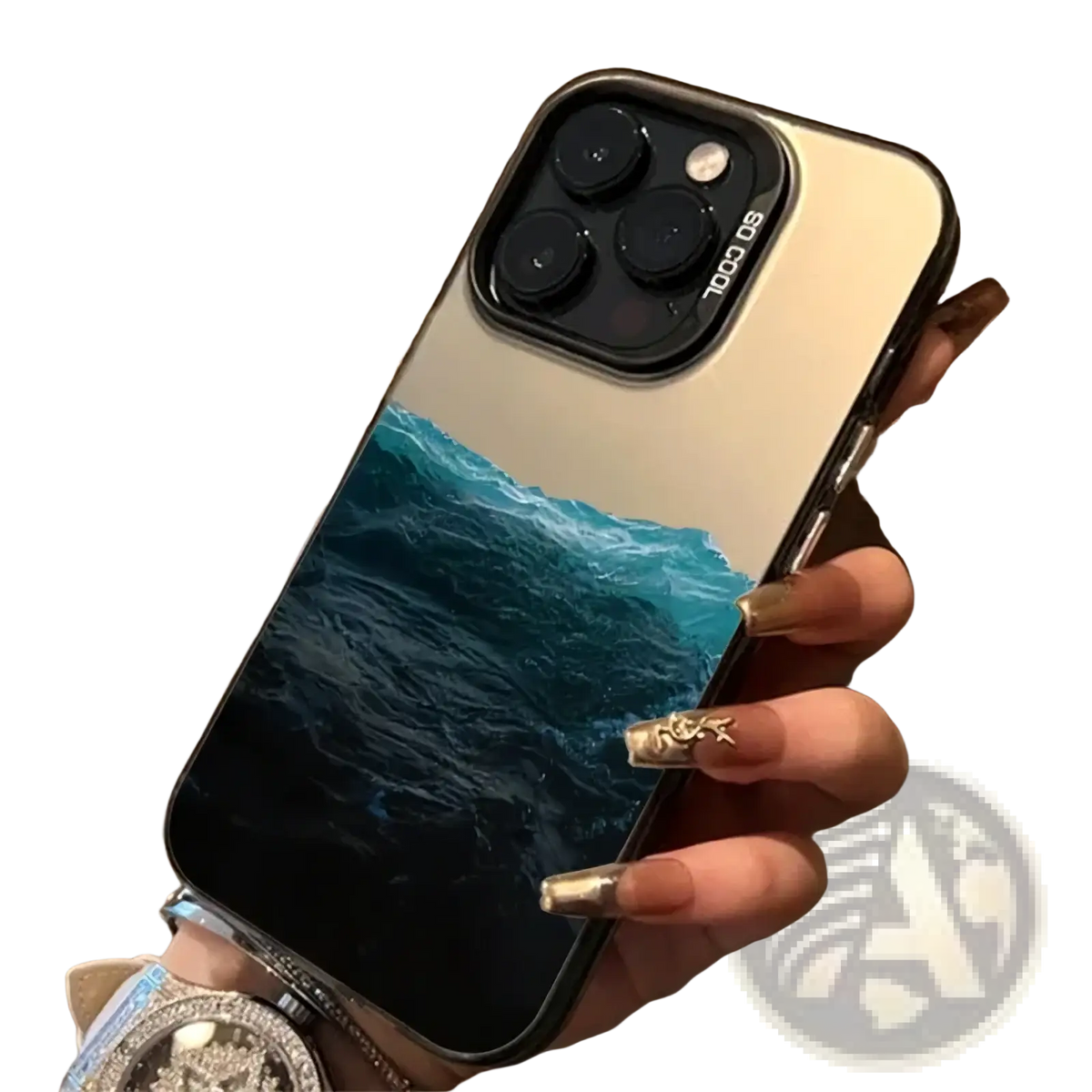 Back side of a mountain view iPhone case with a sleek mirrored finish and vibrant ocean wave design in deep blues and teals