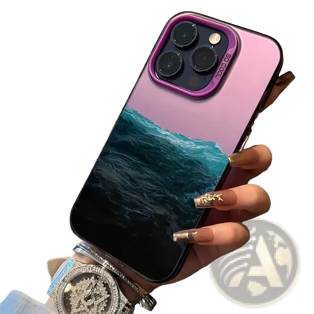 Back of a mountain view iphone case glossy protective cover with vibrant purple to pink gradient and ocean wave design