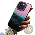 Back of a mountain view iphone case glossy protective cover with vibrant purple to pink gradient and ocean wave design