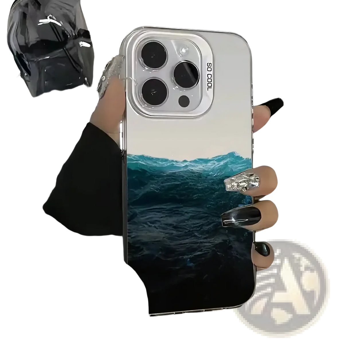 Back side of a transparent glossy mountain view iphone case with teal ocean wave design and silver camera cutout text so cool