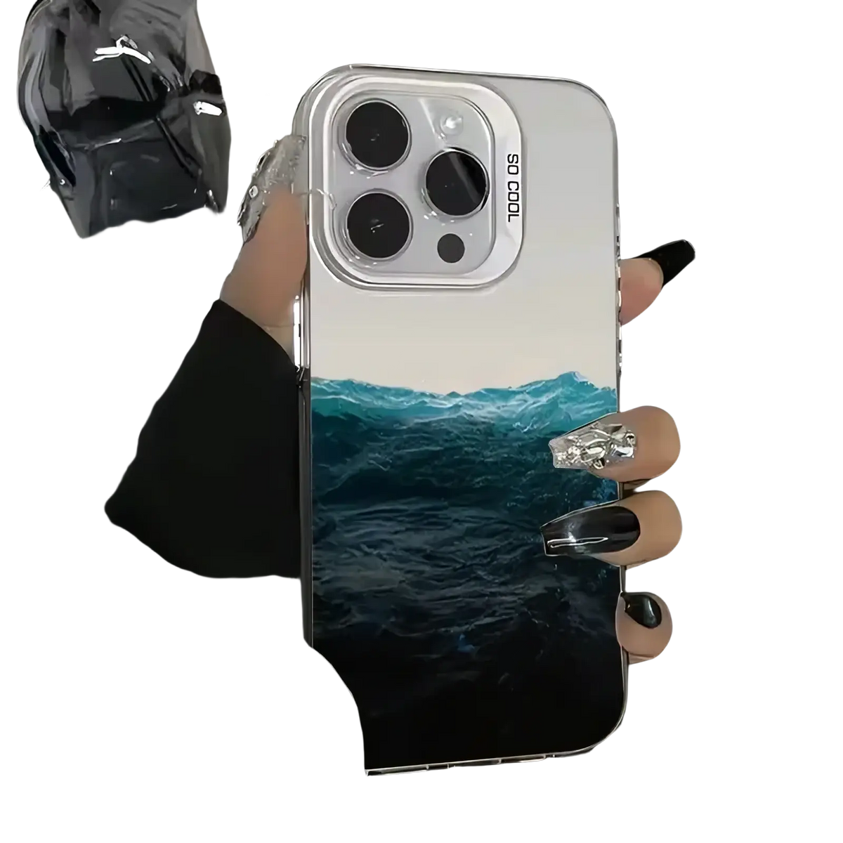 Back side of a transparent glossy mountain view iphone case with teal ocean wave design and silver camera cutout text so cool