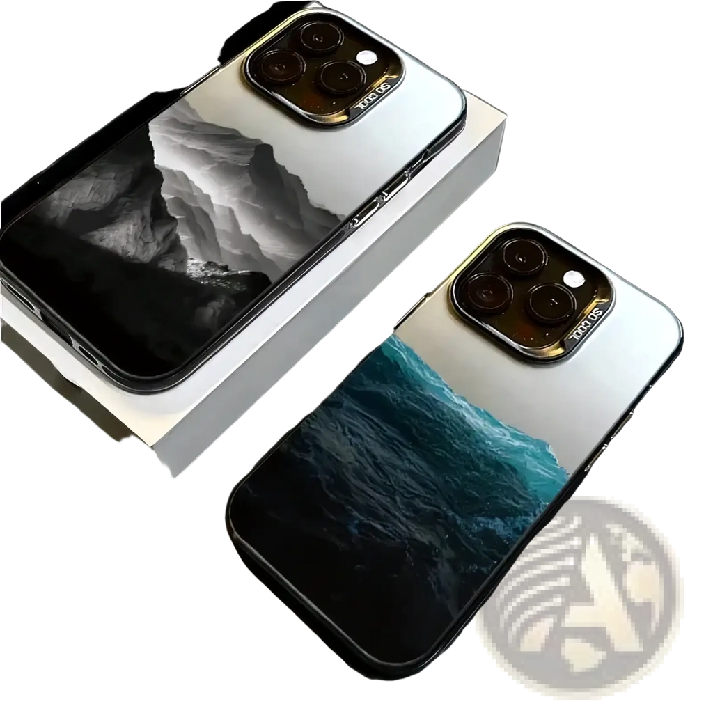 Two silver iPhone 13 Pro models shown from the back with glossy protective covers featuring black white mountains and turquoise waves