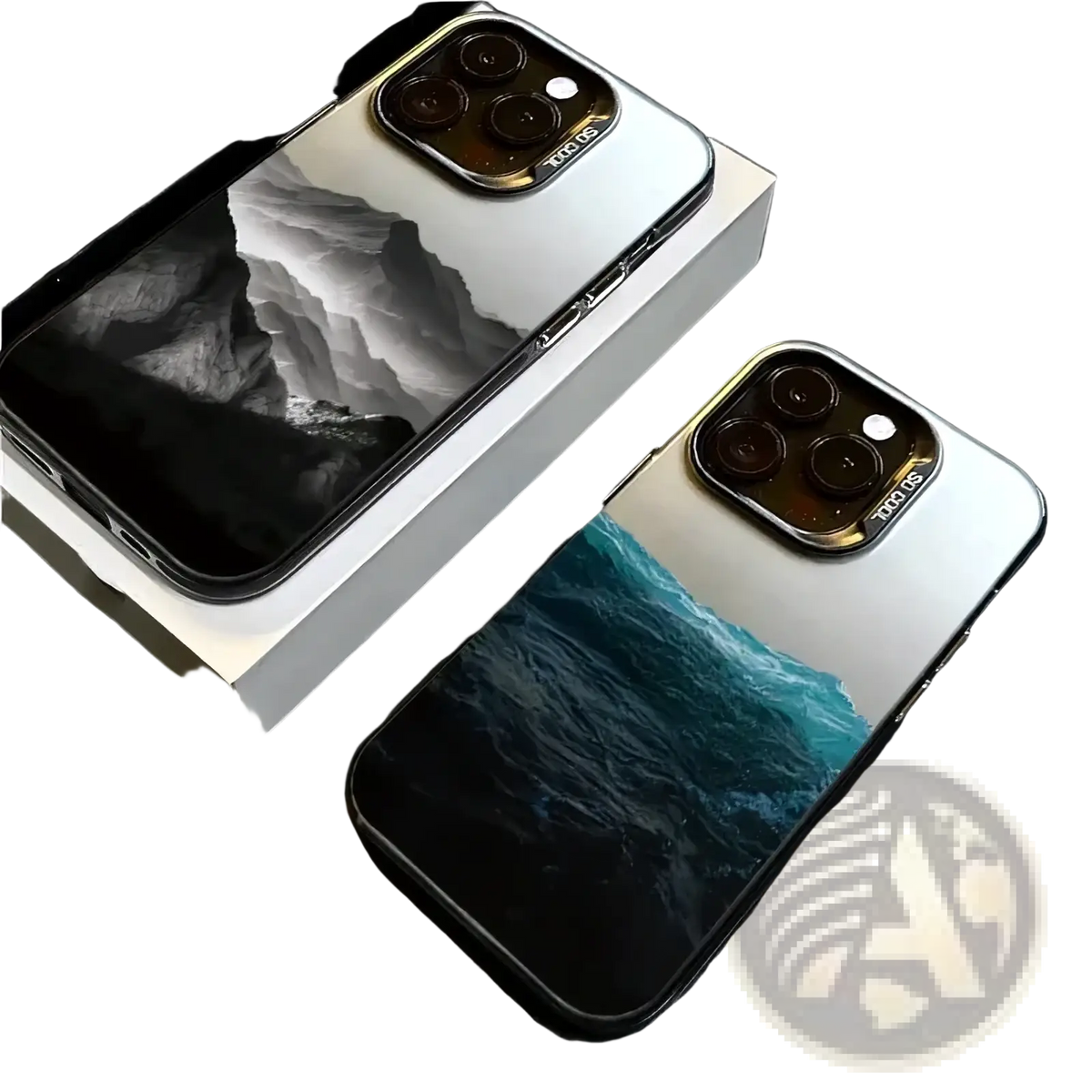Two silver iPhone 13 Pro models shown from the back with glossy protective covers featuring black white mountains and turquoise waves