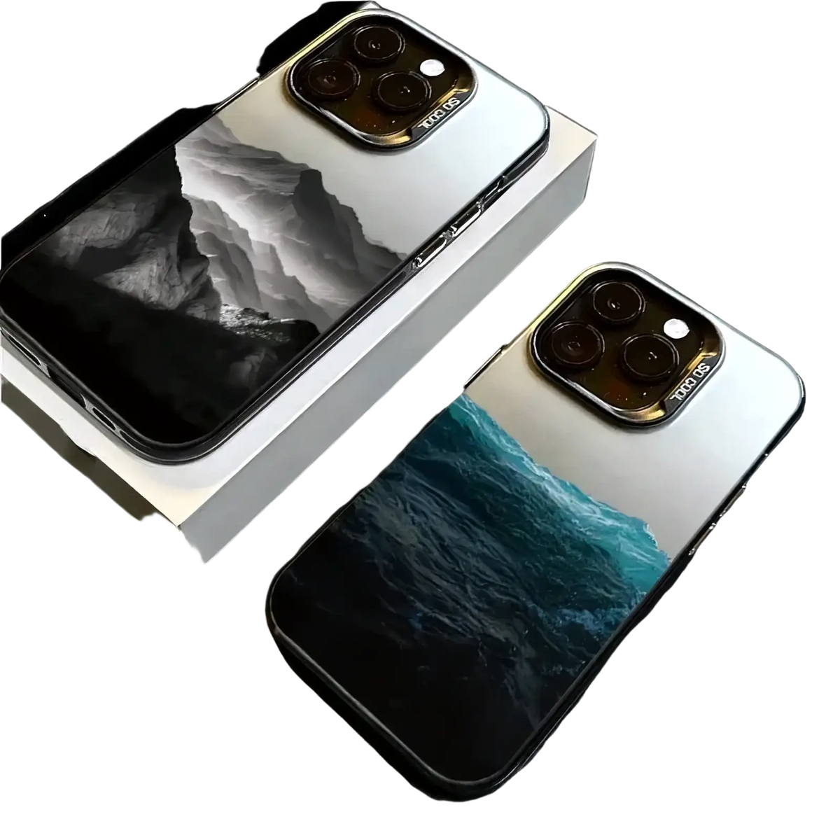 Two silver iPhone 13 Pro models shown from the back with glossy protective covers featuring black white mountains and turquoise waves