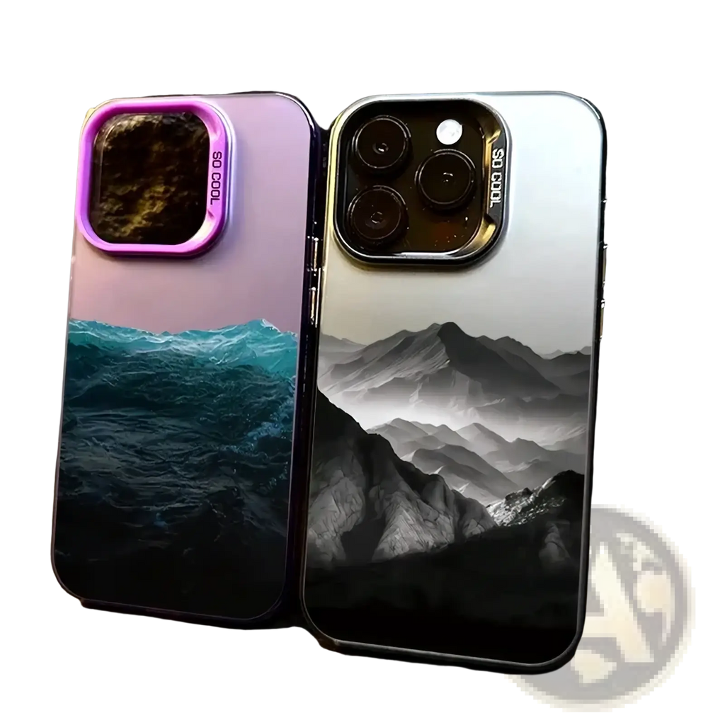 Back side of two glossy protective iphone cases showing a vibrant purple teal ocean and monochrome mountain view design