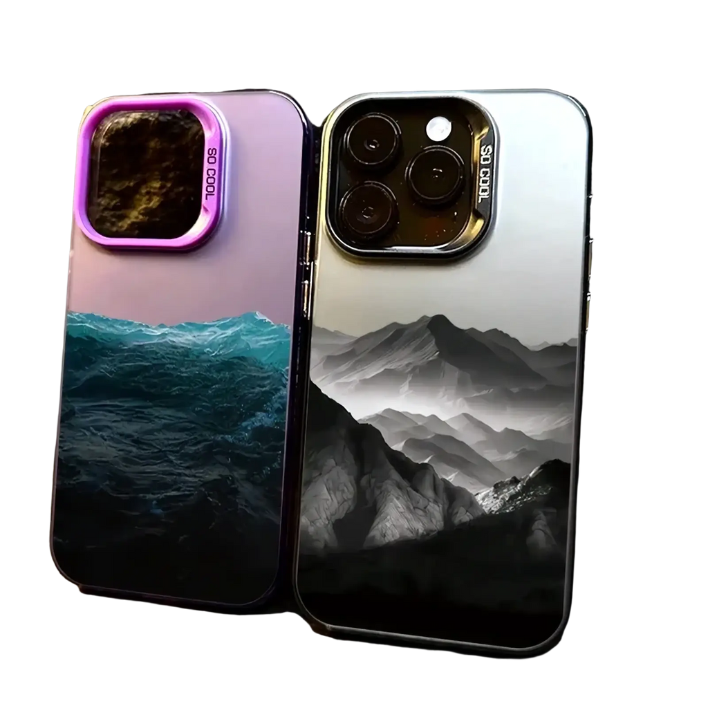 Back side of two glossy protective iphone cases showing a vibrant purple teal ocean and monochrome mountain view design