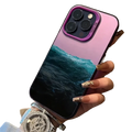 Back of a mountain view iphone case glossy protective cover with vibrant purple to pink gradient and ocean wave design