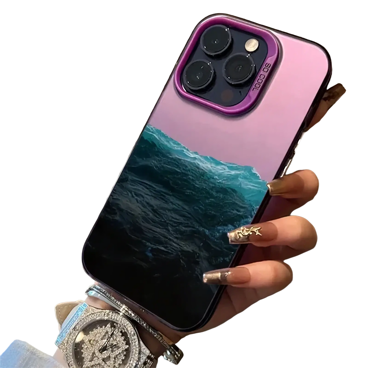 Back of a mountain view iphone case glossy protective cover with vibrant purple to pink gradient and ocean wave design