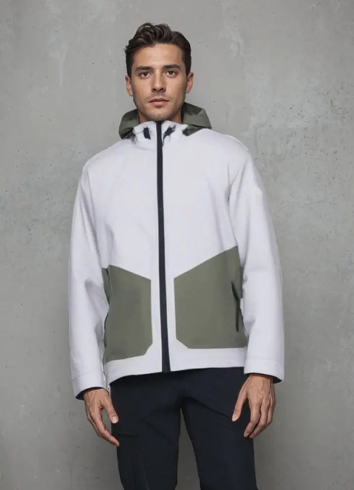 Professional men’s tactical mountaineering assault jacket in white and olive green color-blocked fleece with hood