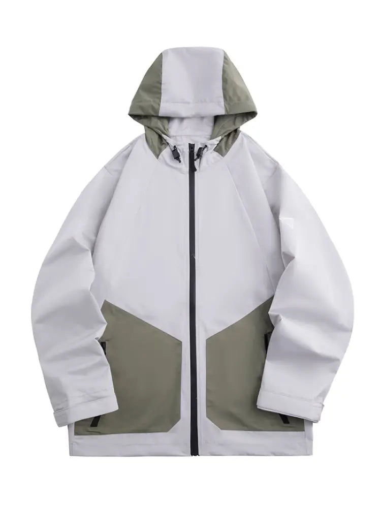 Professional men’s tactical mountaineering assault jacket with white body and olive green hooded panels