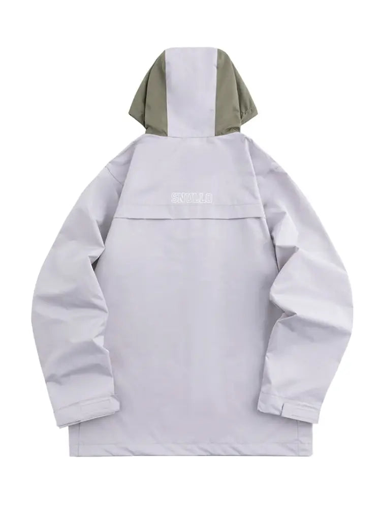 Professional men’s tactical mountaineering assault jacket back view in light gray with olive green hood lining and logo patch