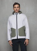Professional men’s tactical mountaineering assault jacket in white and olive green fleece with a hood