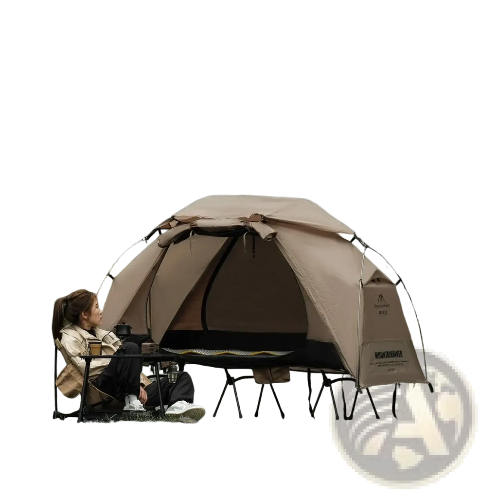 Beige mountainhiker camp bed tent with sleek lightweight design and breathable fabric for outdoor camping use
