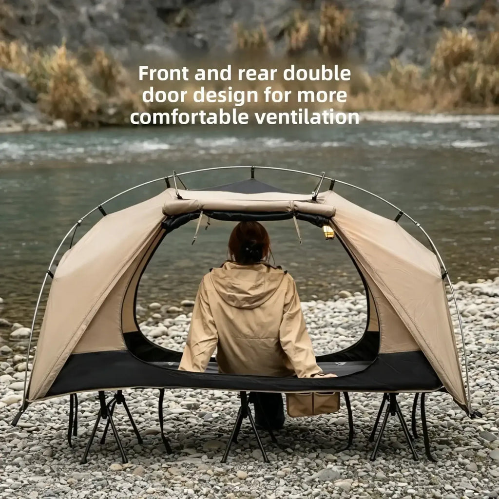 Beige and black Mountainhiker camp bed tent with double doors and built-in cot lightweight waterproof design