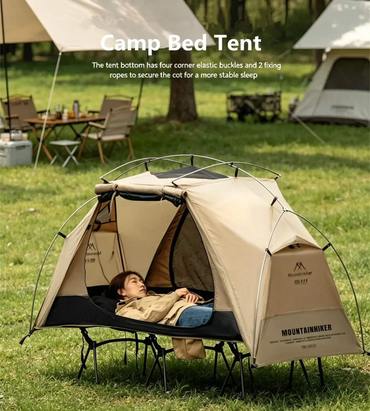 Beige mountainhiker camping cot tent with black accents featuring a lightweight waterproof design and built-in cot for stable sleeping