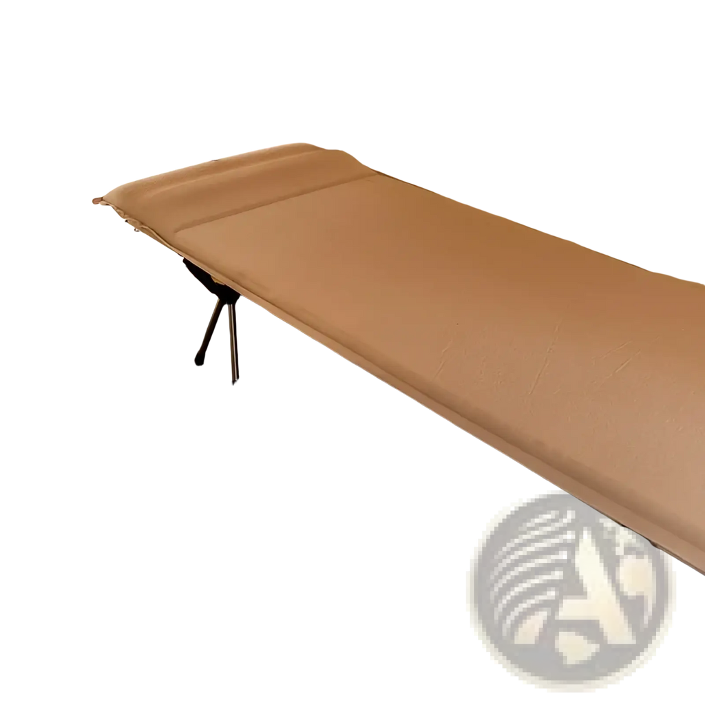 Beige mountainhiker foldable camping cot with padded surface and metal legs inside a tent for portable sleep