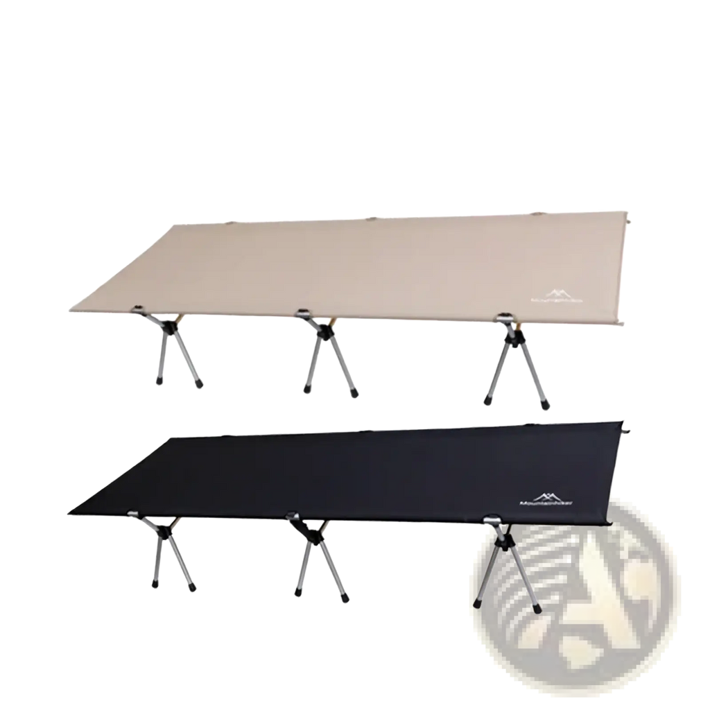 Beige and black Mountainhiker foldable camping cot with aluminum frame for portable outdoor sleep use