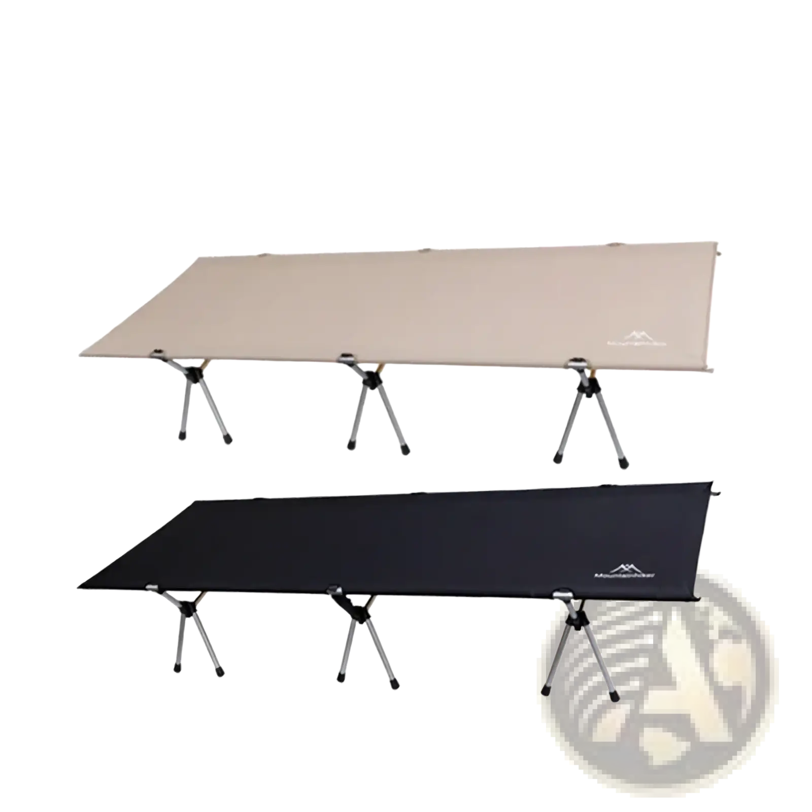 Beige and black Mountainhiker foldable camping cot with aluminum frame for portable outdoor sleep use
