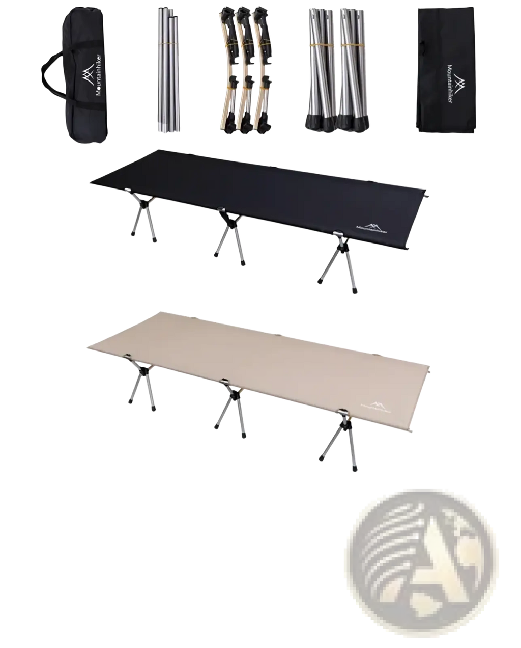 Black and beige Mountainhiker foldable camping cot with aluminum frame legs portable sleep bed shown from the back side