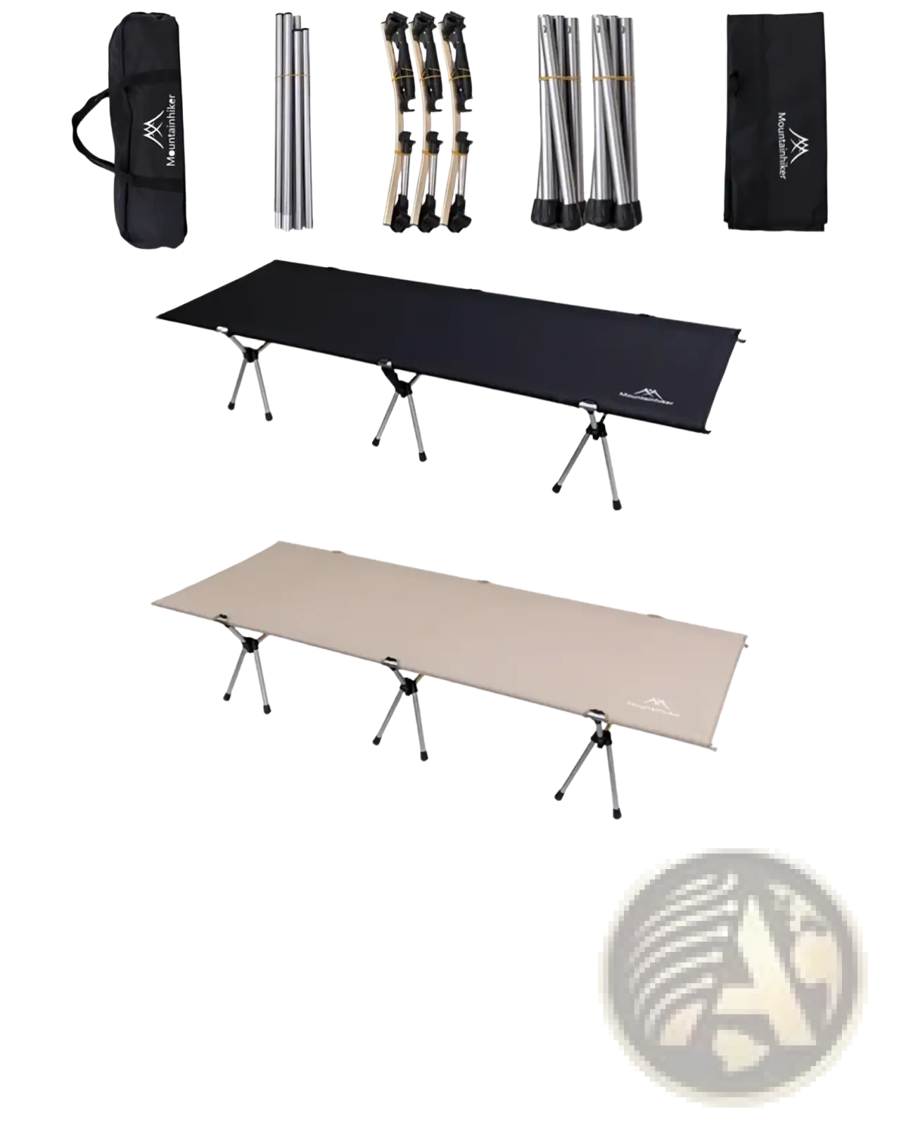 Black and beige Mountainhiker foldable camping cot with aluminum frame legs portable sleep bed shown from the back side