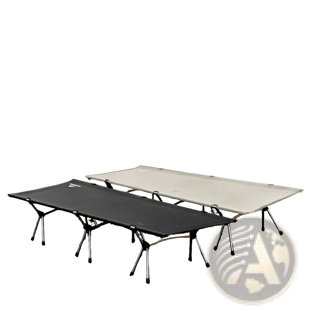 Black and beige Mountainhiker foldable camping cot with metal frame designed as a portable sleep bed