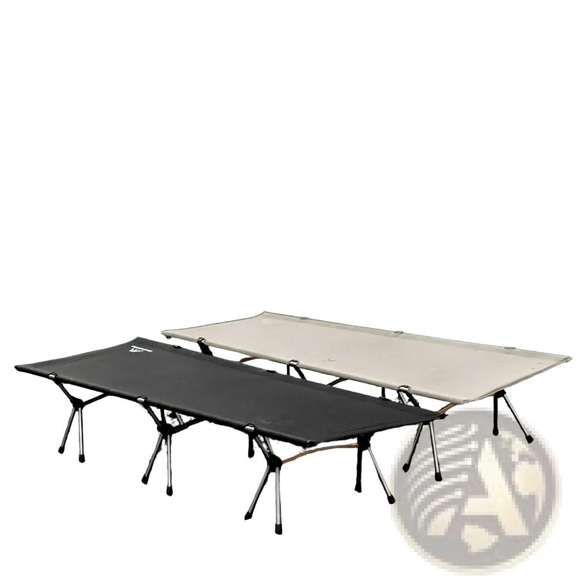 Black and beige Mountainhiker foldable camping cot with metal frame designed as a portable sleep bed