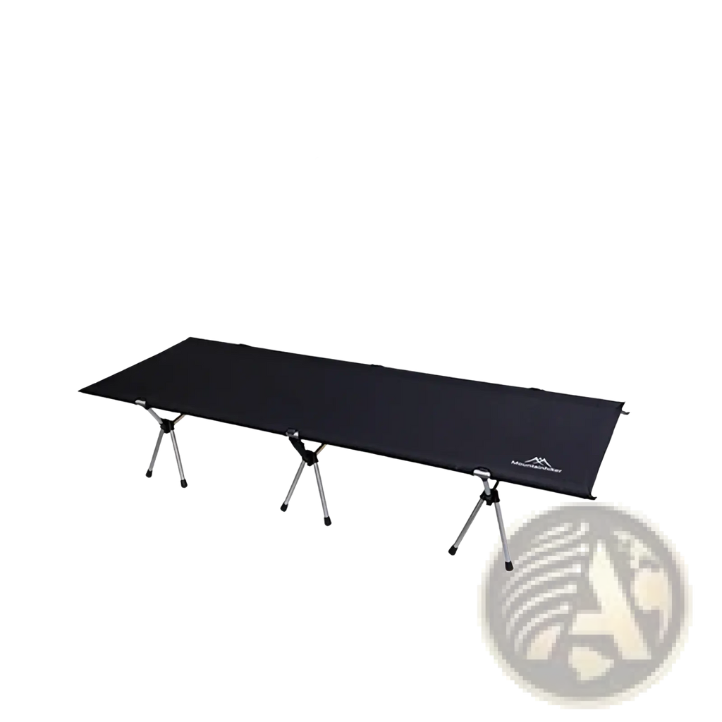Black foldable camping cot with sleek lightweight design and sturdy metal legs by Mountainhiker for portable sleep use