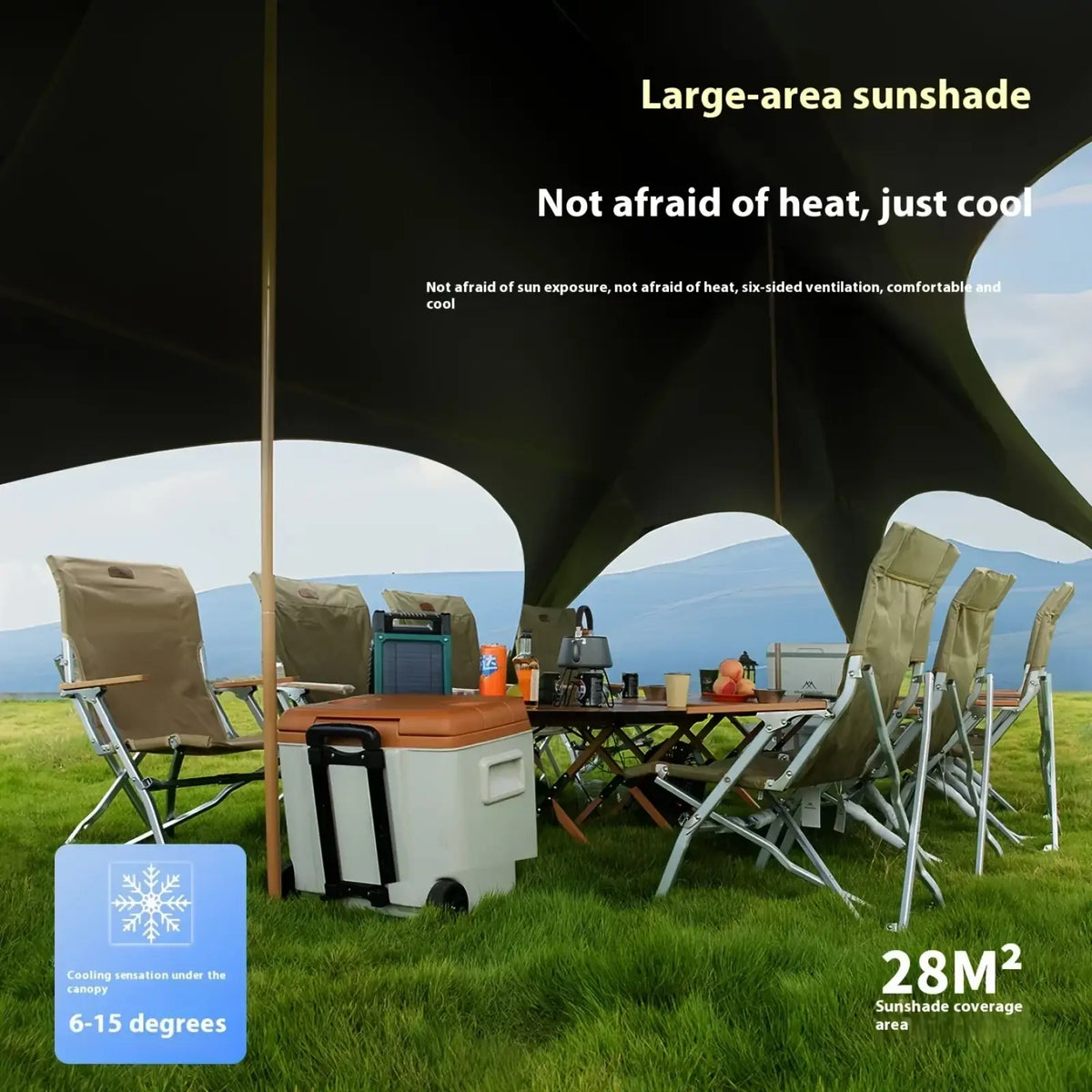 Mountainhiker large outdoor sunshade canopy tent in black with six-sided ventilation for cooling under the canopy