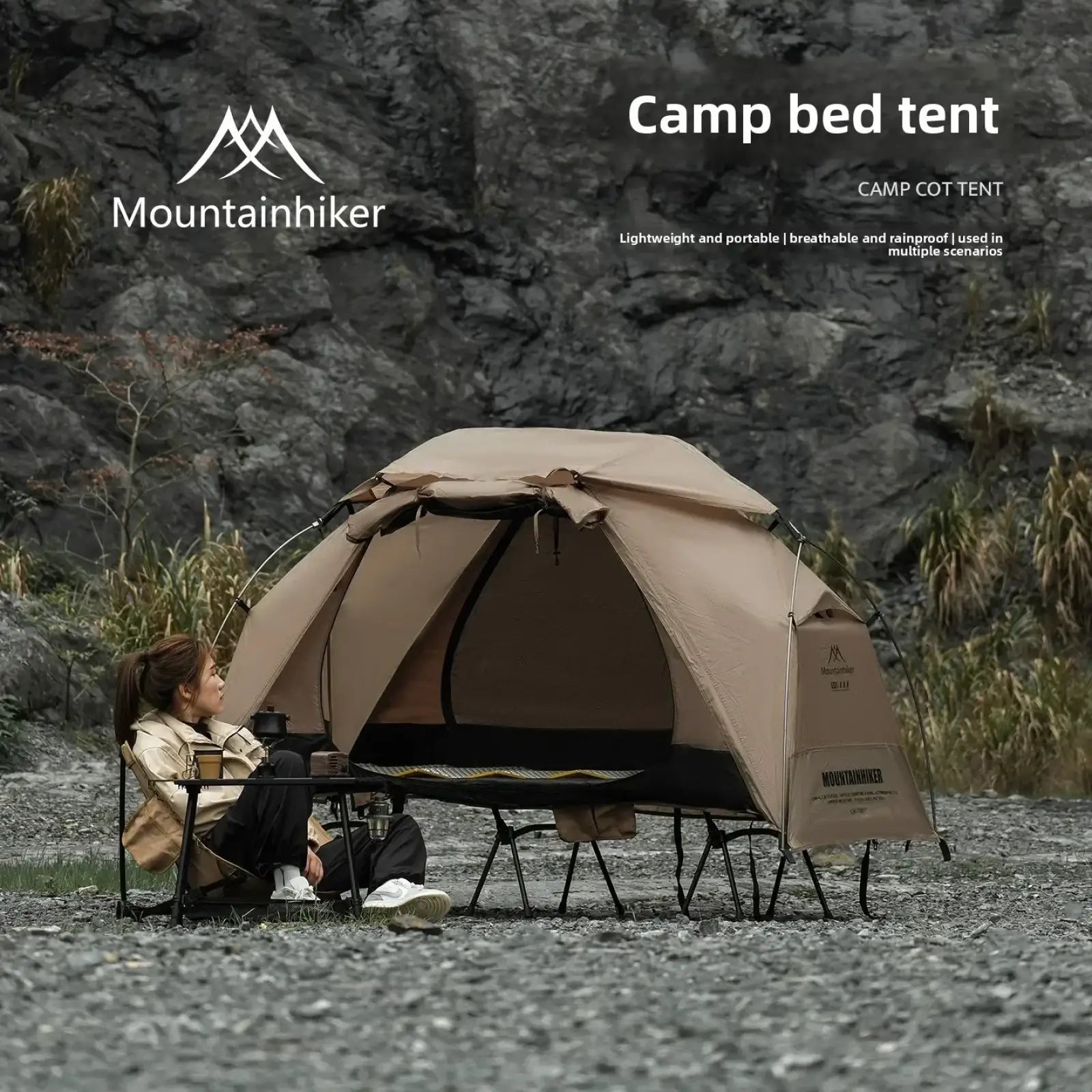 Beige mountainhiker single person camp bed tent with sleek lightweight design and breathable fabric for outdoor use