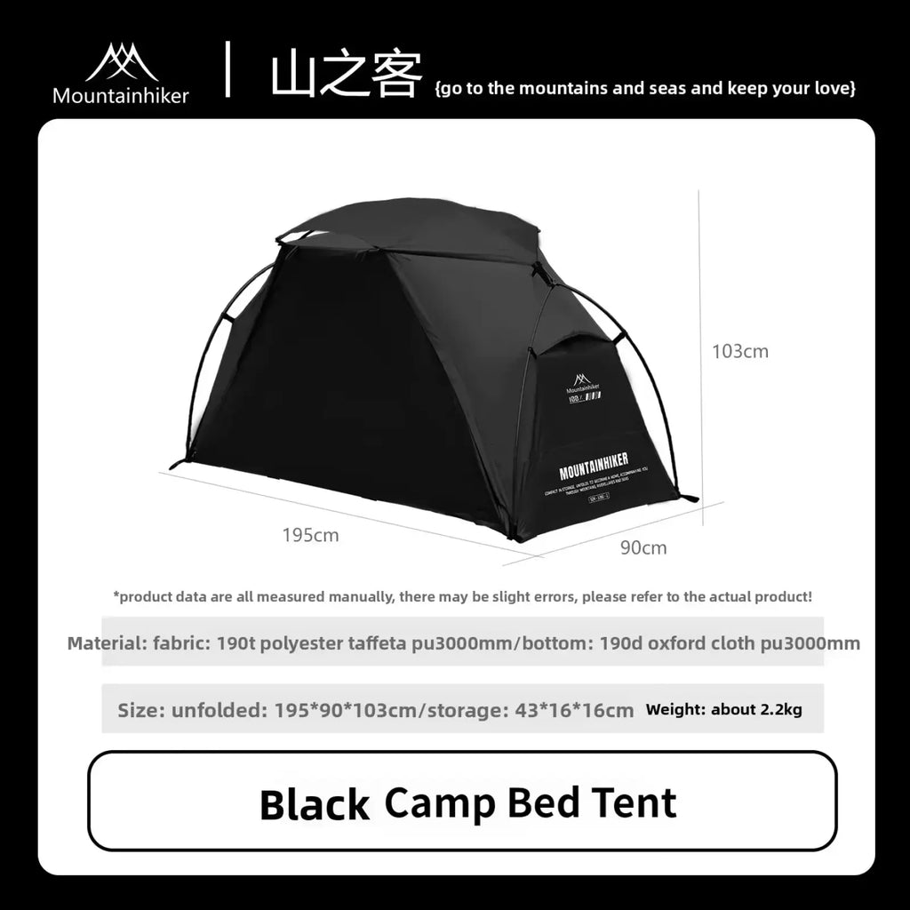 Black mountainhiker single person camp bed tent with dome design made of durable polyester taffeta fabric