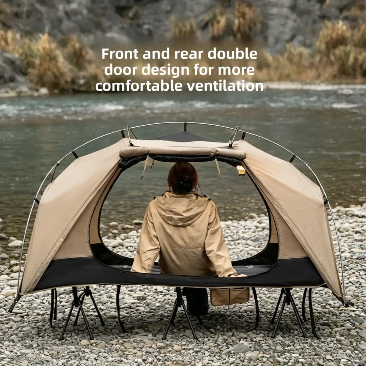 Beige and black double-door mountainhiker single person waterproof camp bed tent with sleek arched frame design