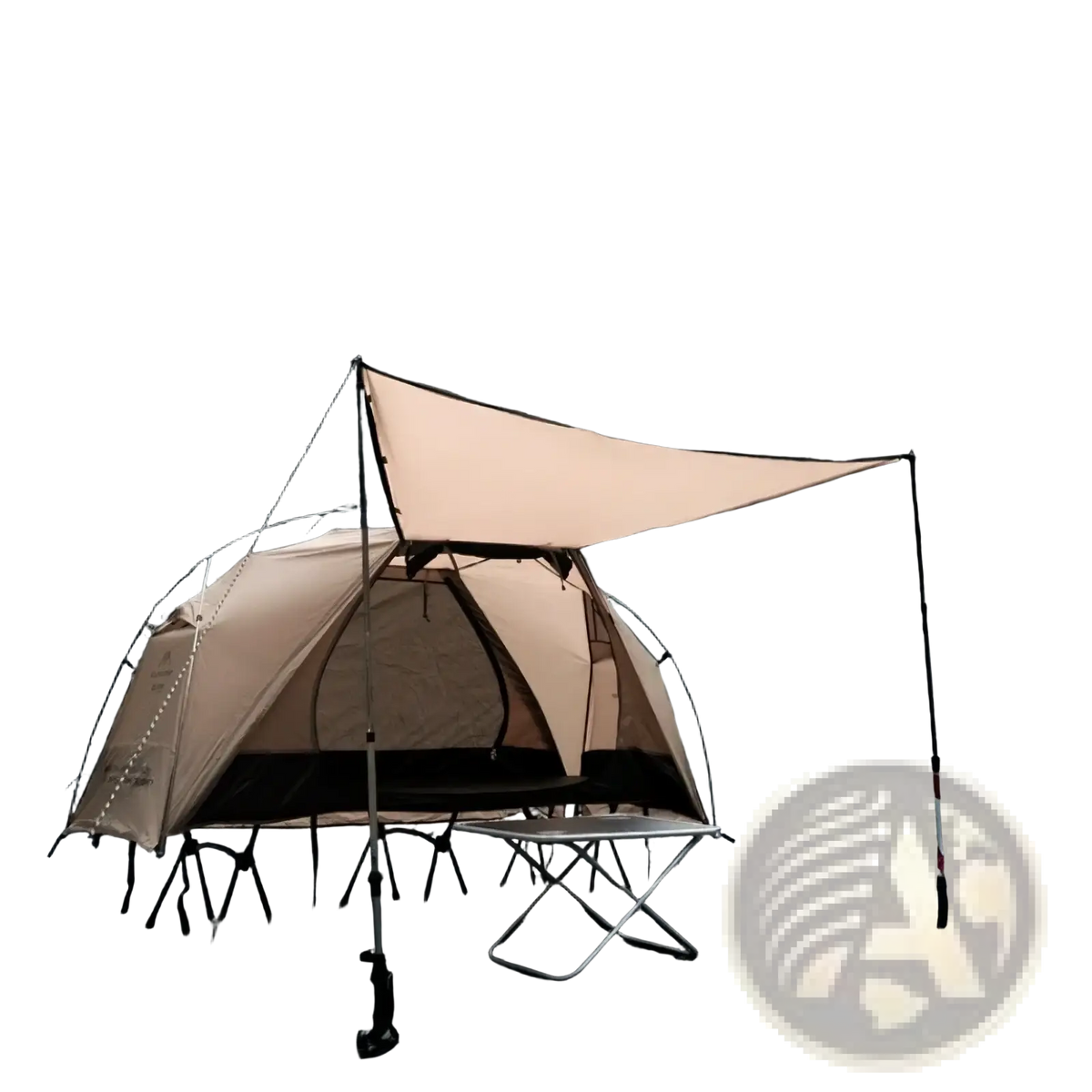 Tan two-person waterproof tent with matching canopy and black trim set up in rocky outdoor environment