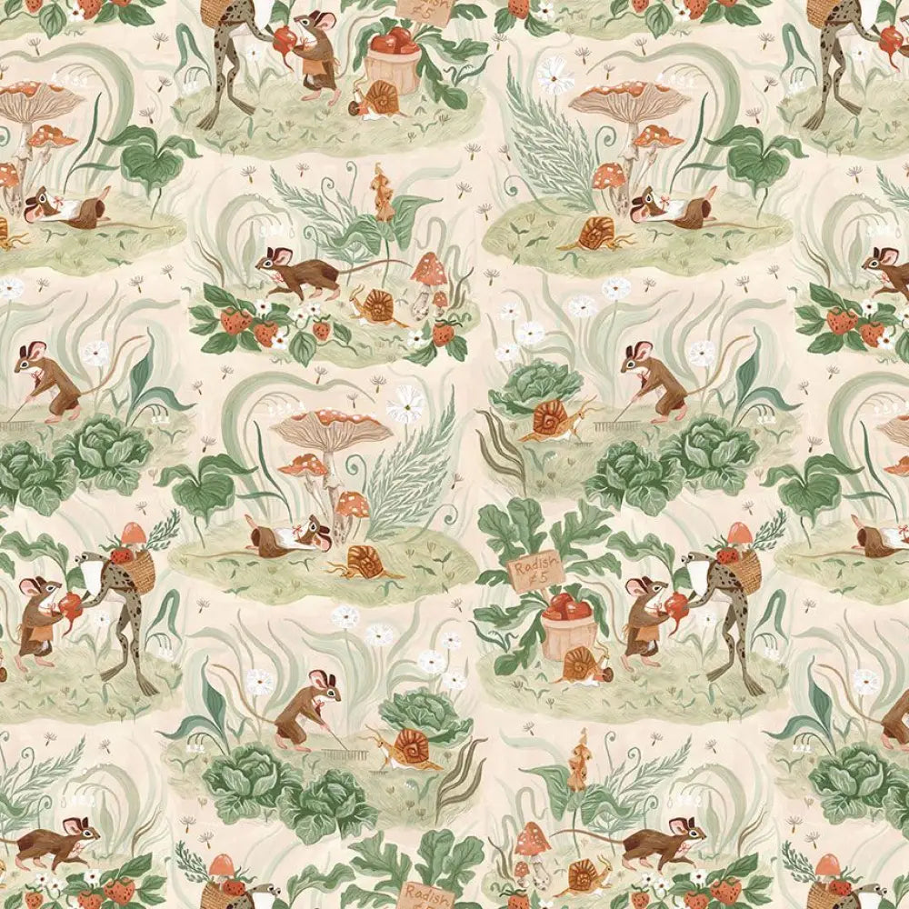 Beige vintage mouse print cotton a line midi dress with pockets featuring illustrated mice snails and vegetables pattern