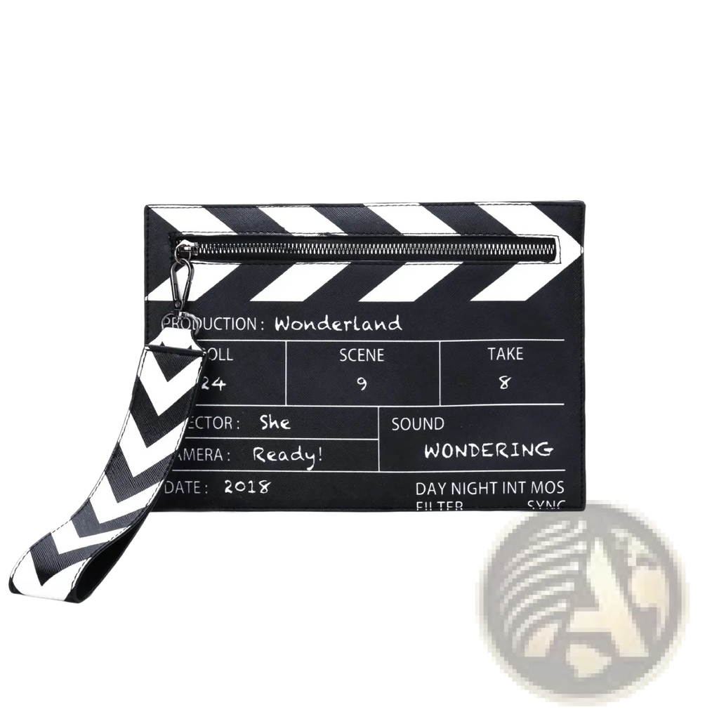Movie clapperboard pu leather crossbody envelope clutch wristlet in black and white with zipper and chevron strap