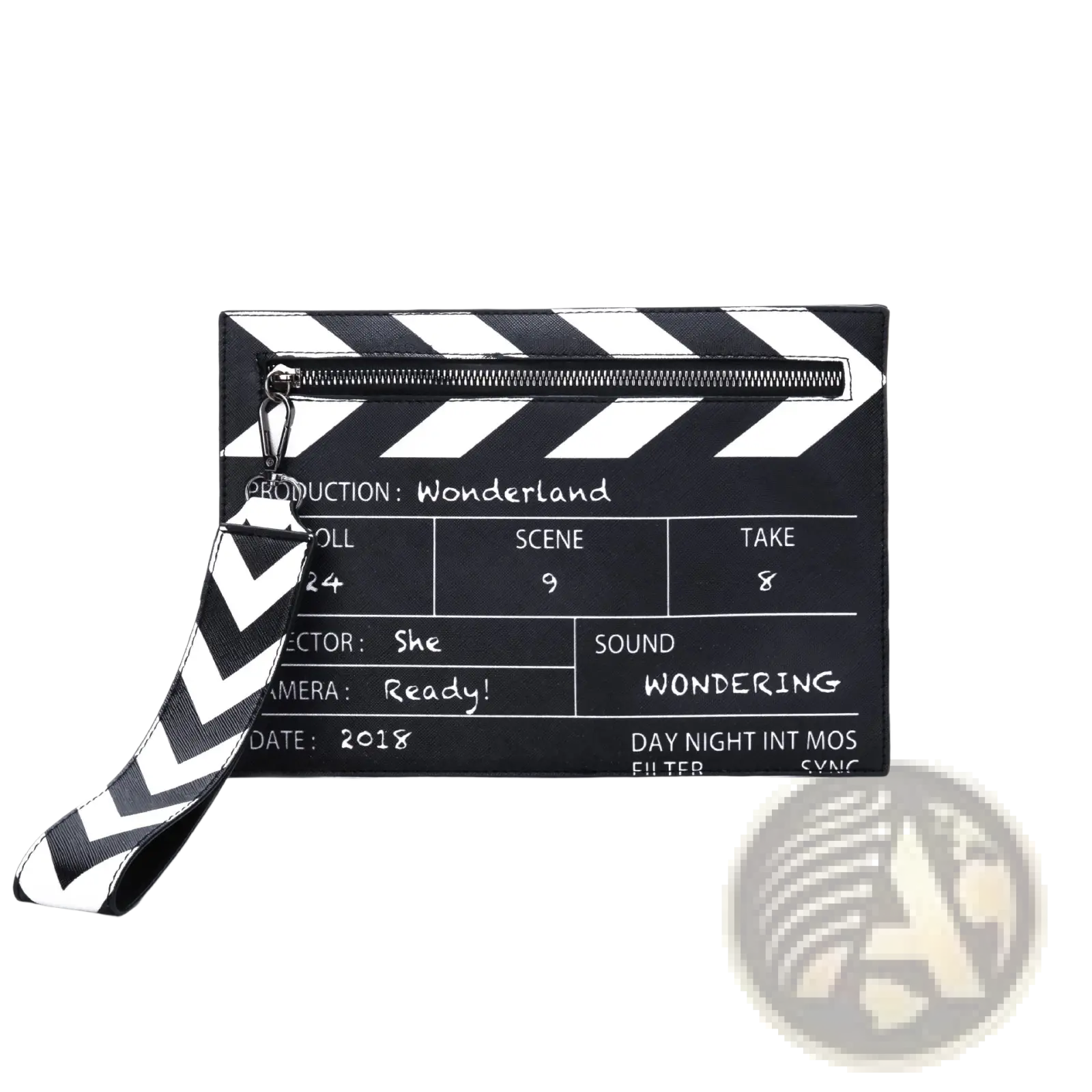 Movie clapperboard pu leather crossbody envelope clutch wristlet in black and white with zipper and chevron strap