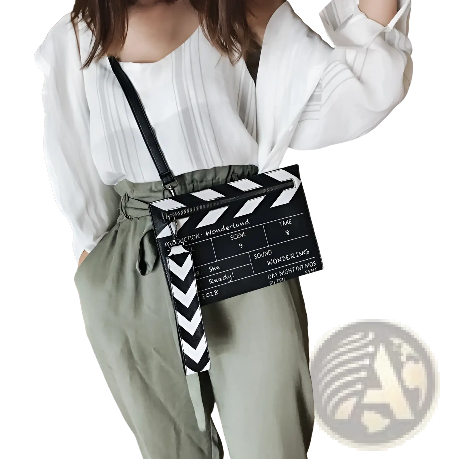 Black and white pu leather crossbody envelope clutch with chevron-patterned strap inspired by movie clapperboard design