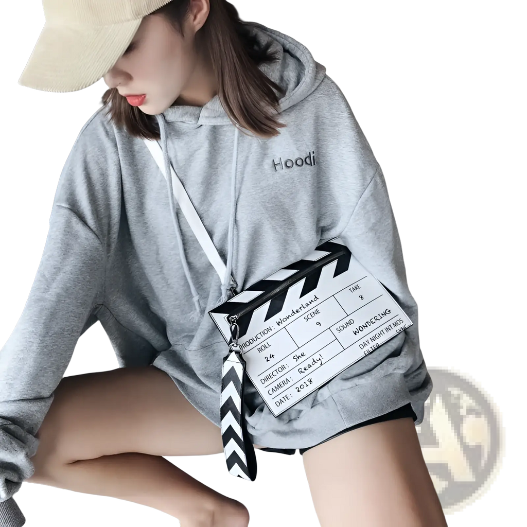 Gray hoodie with hoodie embroidered on the chest and white drawstring paired with movie clapperboard pu leather clutch