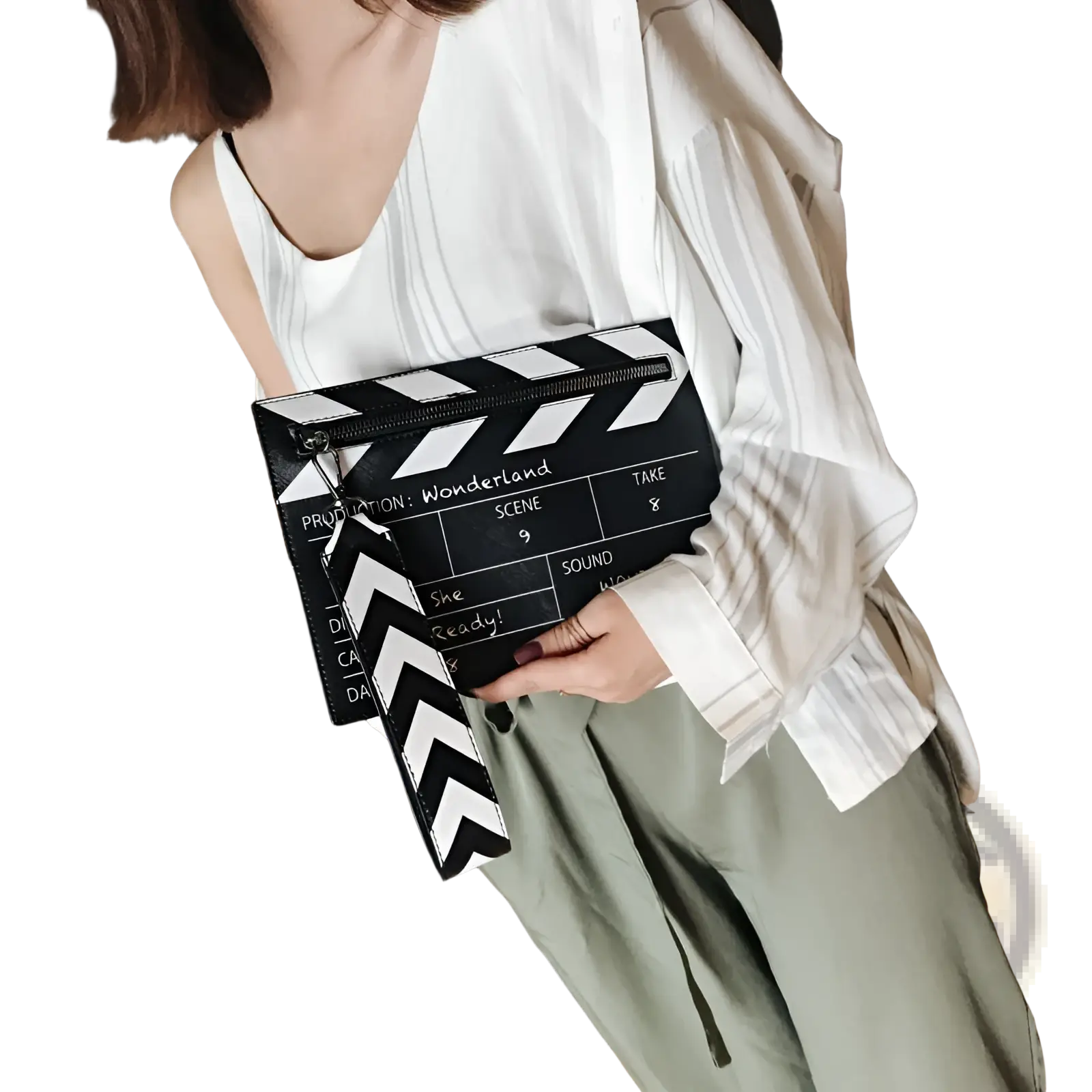 Black and white pu leather crossbody envelope clutch with movie clapperboard design zipper closure and zigzag strap