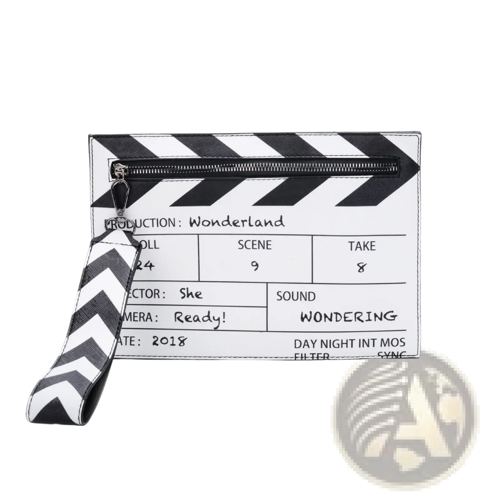 Movie clapperboard pu leather crossbody envelope clutch in black and white with zipper closure and chevron strap