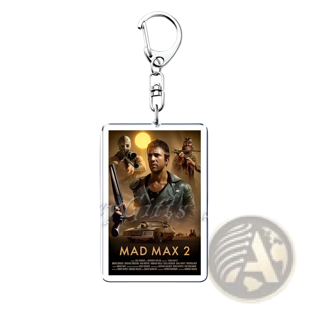 Silver metal keychain with rectangular acrylic charm featuring the official Mad Max 2 movie poster design