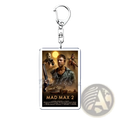 Silver metal keychain with rectangular acrylic charm featuring the official Mad Max 2 movie poster design