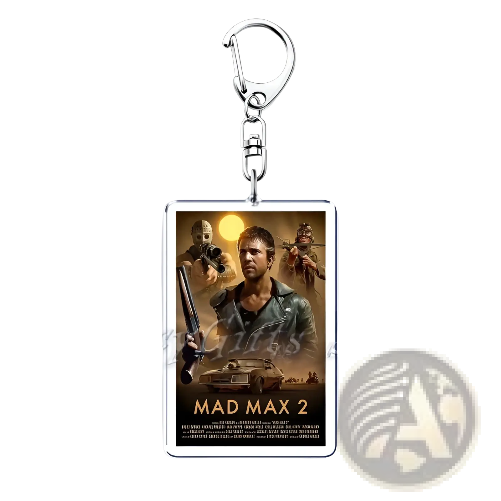 Silver metal keychain with rectangular acrylic charm featuring the official Mad Max 2 movie poster design