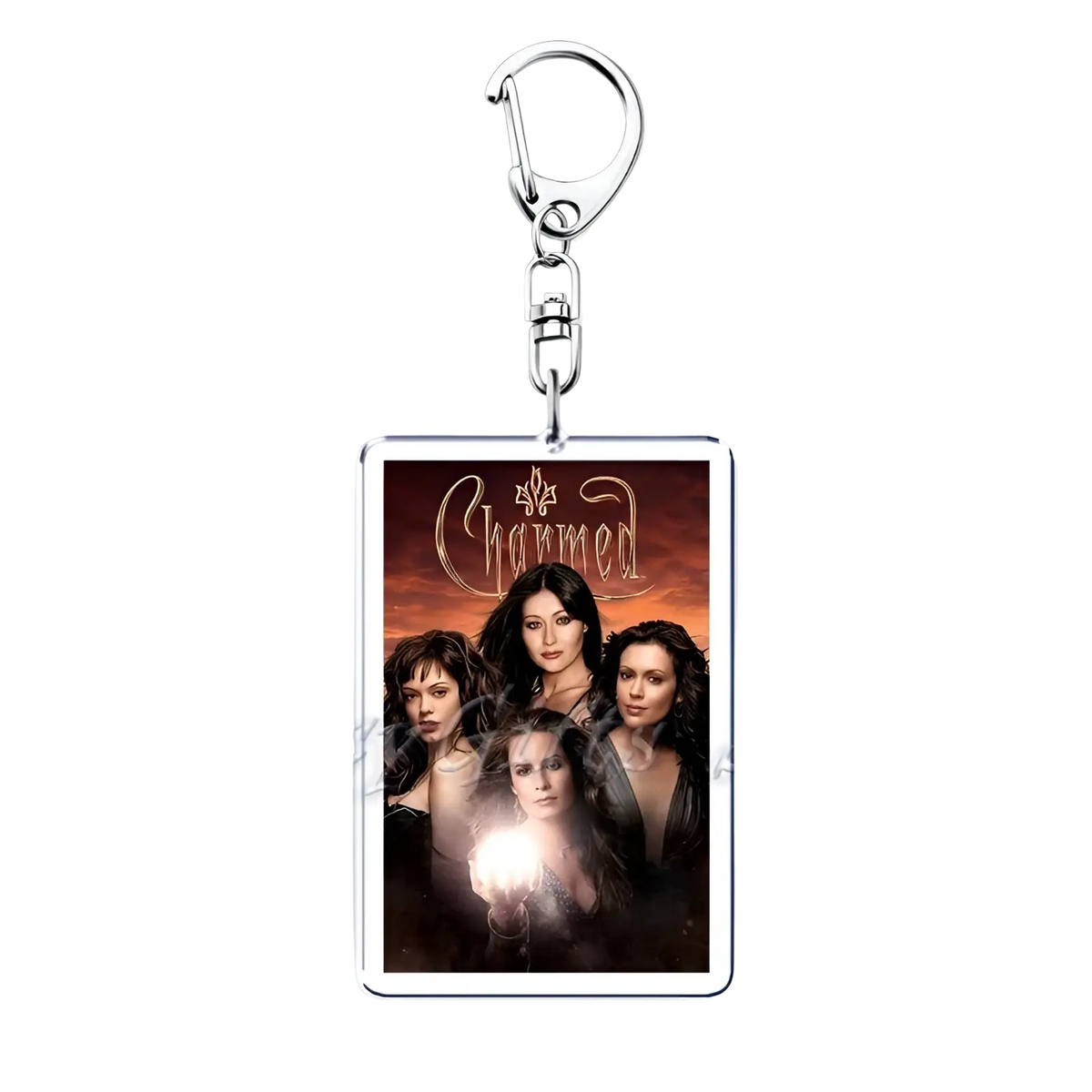 Rectangular acrylic keychain featuring the charmed tv show poster with fiery warm colors for movie poster set