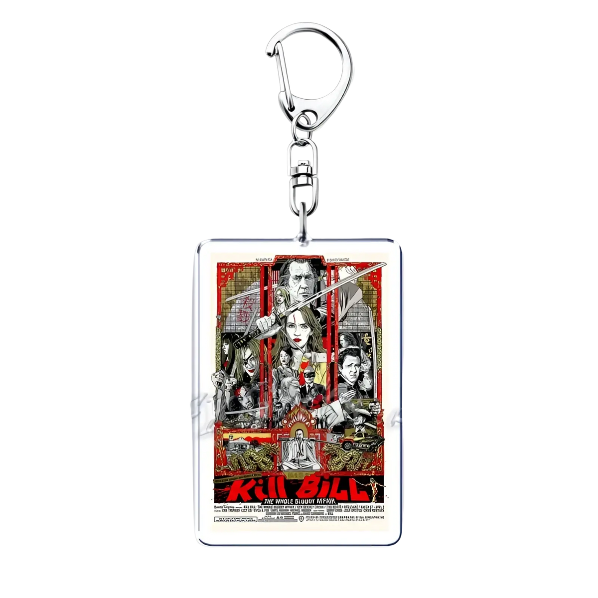 Rectangular acrylic keychain featuring bold red and black kill bill the whole bloody affair movie poster design