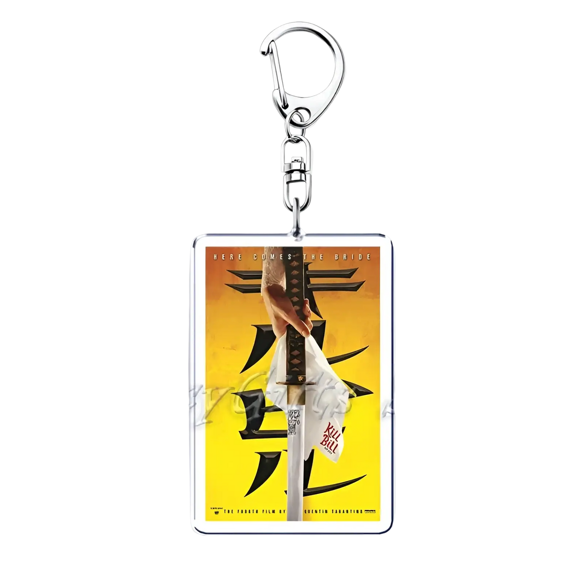 Rectangular acrylic keychain featuring a vibrant yellow kill bill movie poster design from the Movie Poster Acrylic Keychain Set